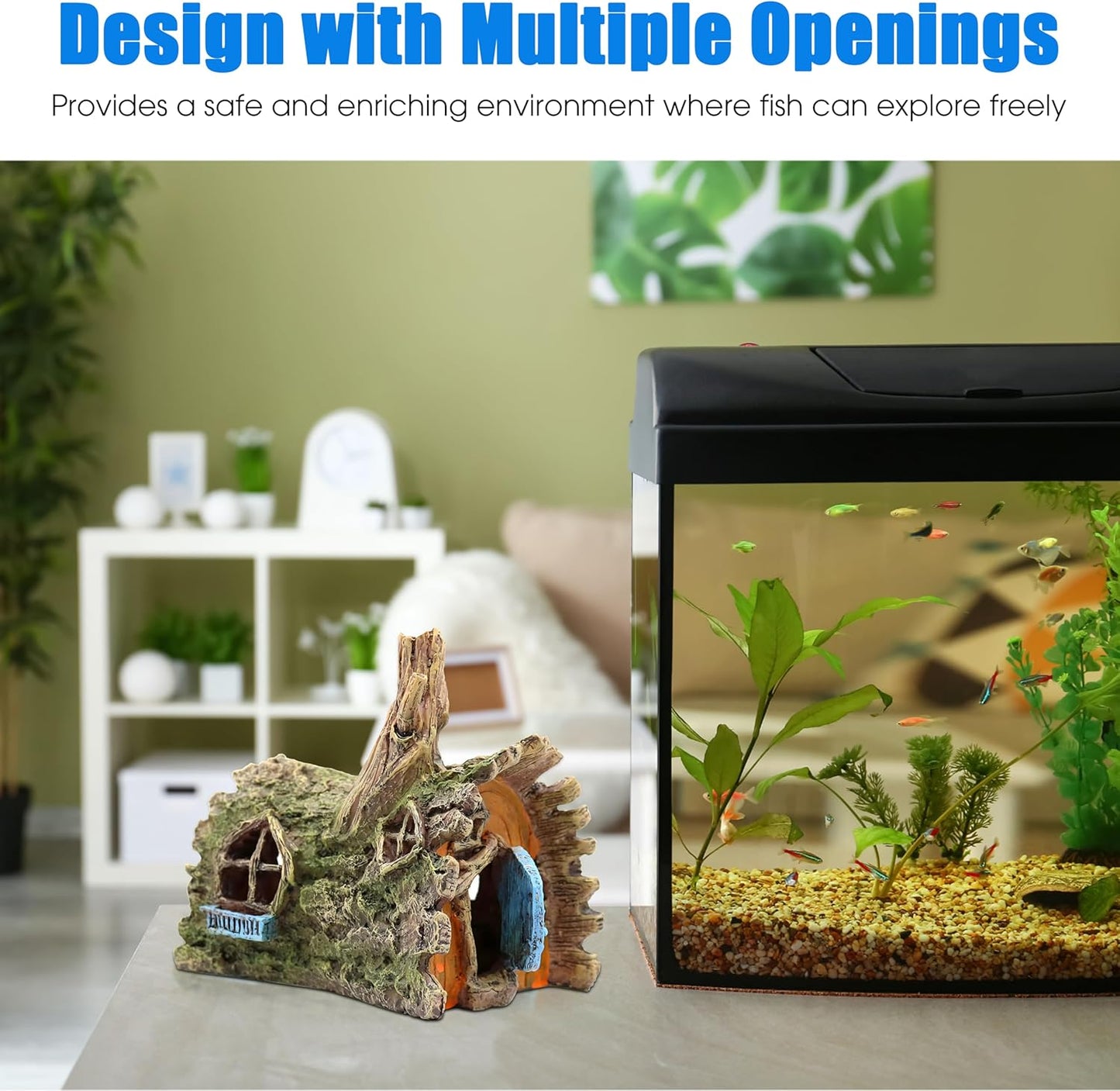 Aquarium Resin Decorations, Tree House Ornament-Tire Scene, Aquarium Decor for Glofish, Betta Accessories, Turtle Hideouts, Aquarium Plants, Ornaments & Fish Tank Accessories (Tree house)