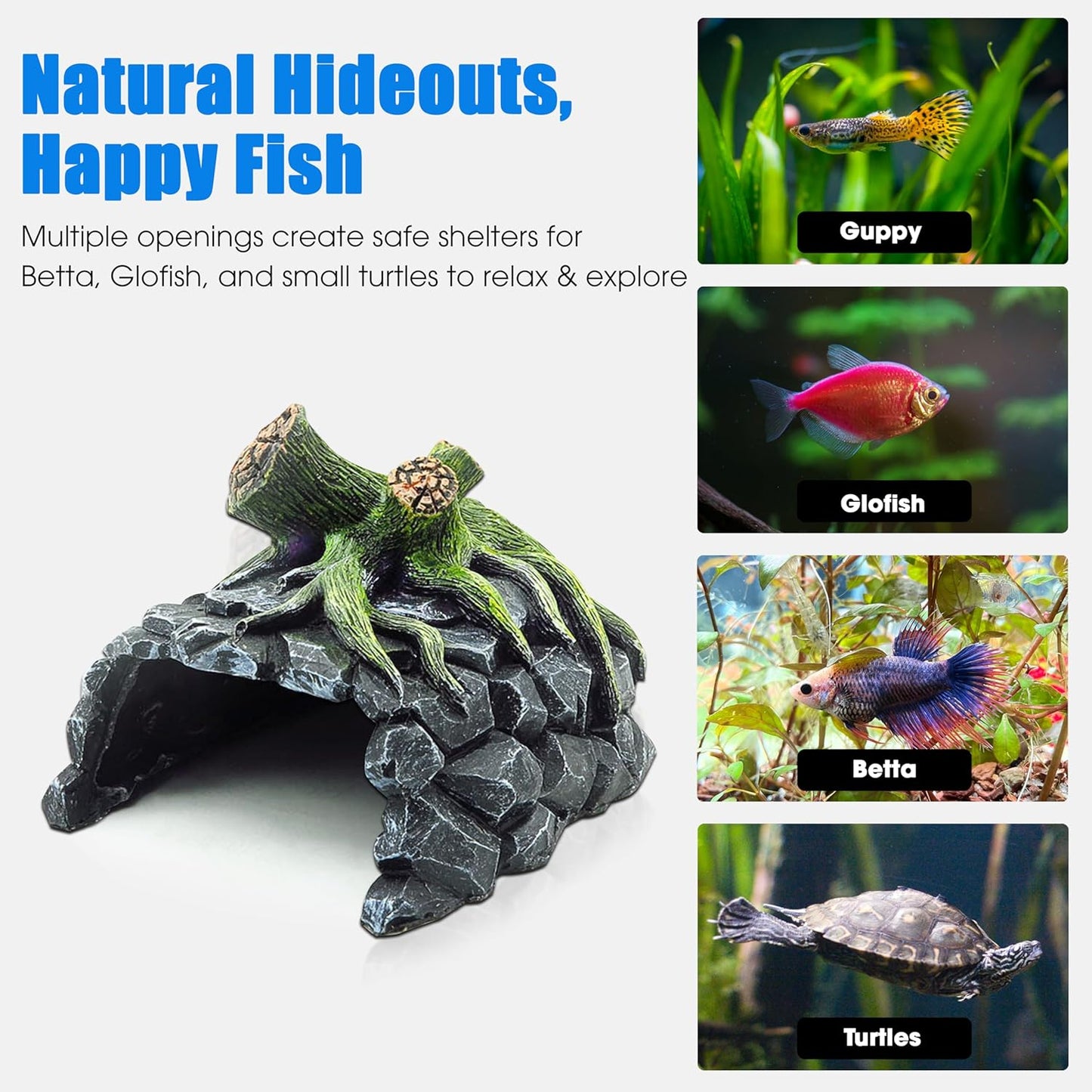 Aquarium Decor, Betta Fish Tank Accessories with Plants, Turtle Tank Decorations, Large Aquarium Ornaments, Fish Hideout, Decorative Accessories for Freshwater & Saltwater Tanks (Tree cave)