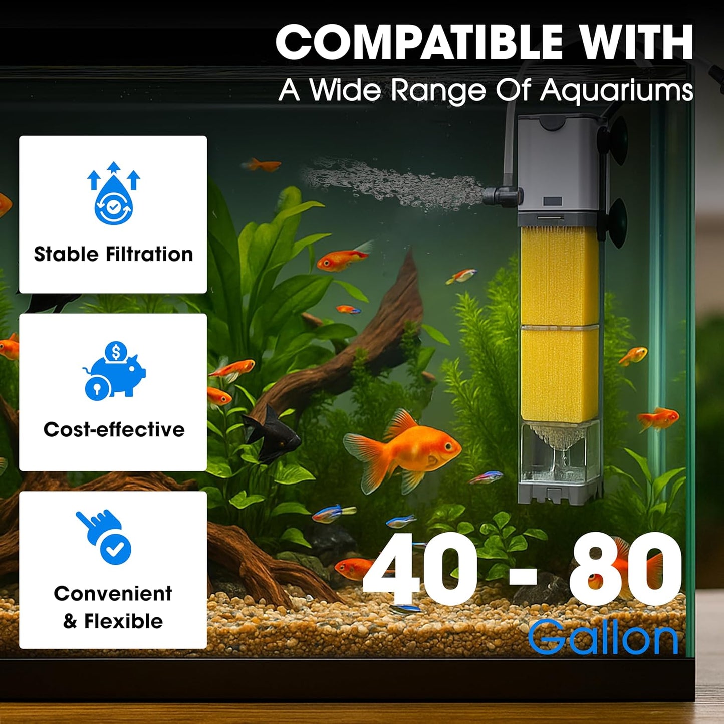 Aquarium Filter 25W for 40-80 Gallon, Internal System with Quiet 1200L/h Pump, Submersible Aquarium Filter for Turtles, 100 Gallon Fish Tank Filter, Filtro para Pecera, Clean Water Setup