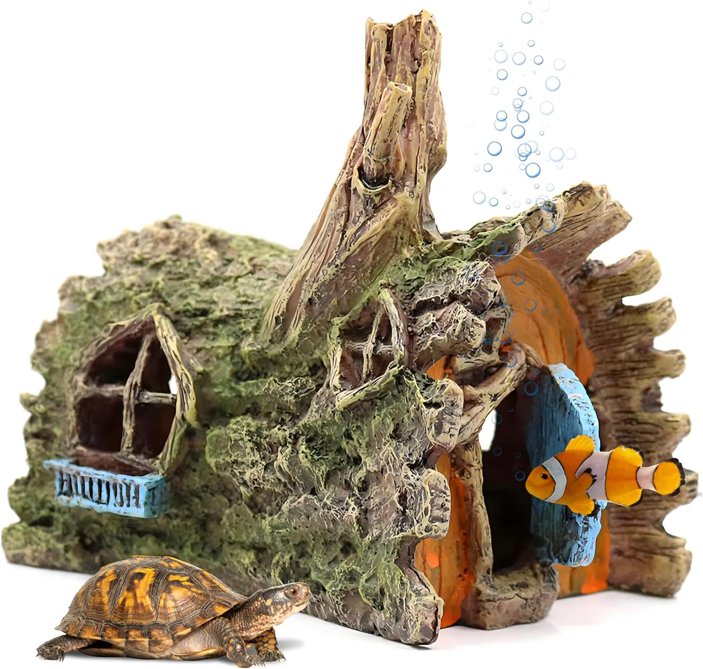 Aquarium Resin Decorations, Tree House Ornament-Tire Scene, Aquarium Decor for Glofish, Betta Accessories, Turtle Hideouts, Aquarium Plants, Ornaments & Fish Tank Accessories (Tree house)