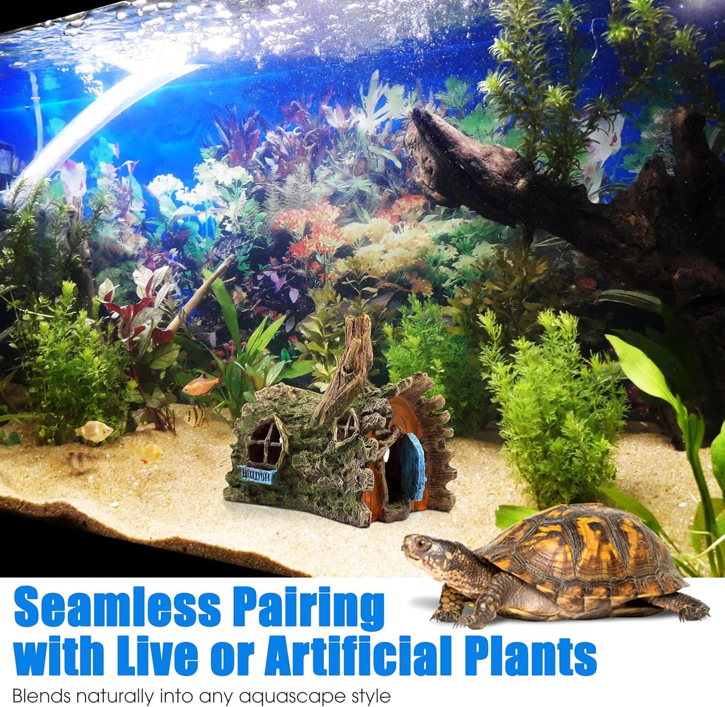 Aquarium Resin Decorations, Tree House Ornament-Tire Scene, Aquarium Decor for Glofish, Betta Accessories, Turtle Hideouts, Aquarium Plants, Ornaments & Fish Tank Accessories (Tree house)