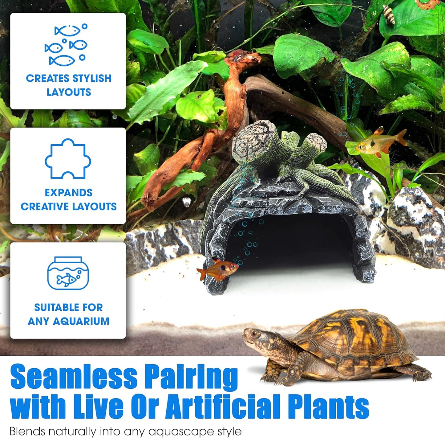 Aquarium Decor, Betta Fish Tank Accessories with Plants, Turtle Tank Decorations, Large Aquarium Ornaments, Fish Hideout, Decorative Accessories for Freshwater & Saltwater Tanks (Tree cave)